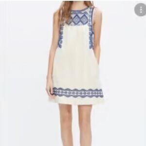 Madewell Embroidered White & Blue Sleeveless Dress Size L